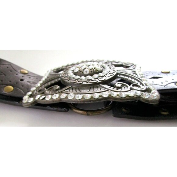 Brown Women's Western Belt - Faux Leather - Rhinestone Carved Buckle - 36 inches - Picture 4 of 10
